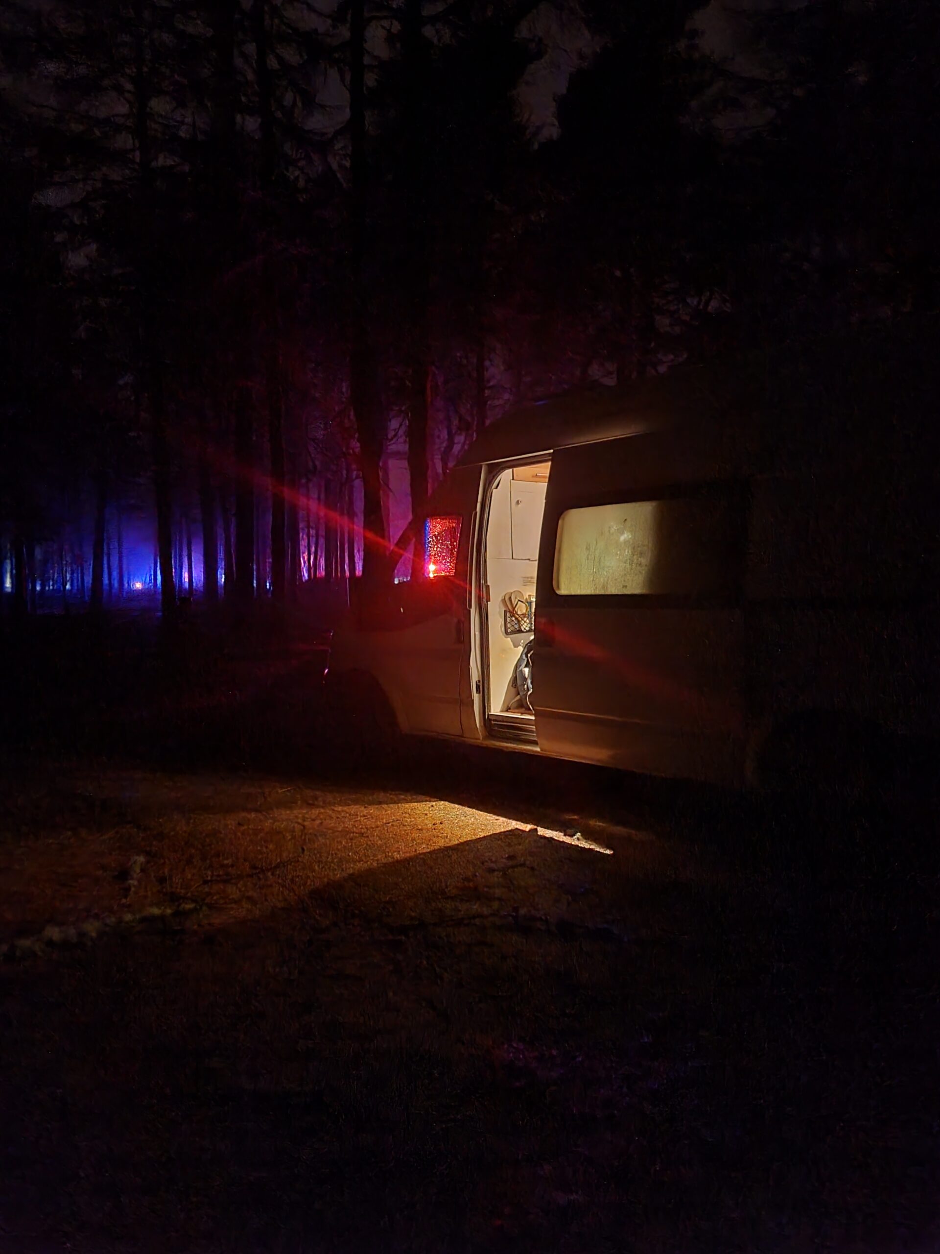 Stopover at night with van in forest near Inverness.
