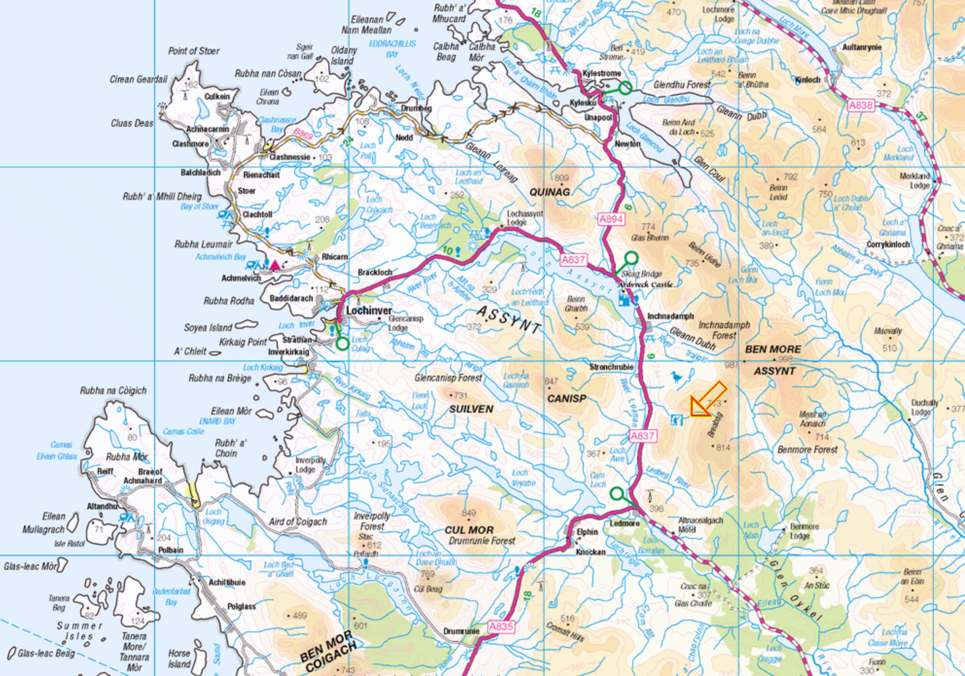 A map of the region of Assynt. Allt nan Uamh Stream Cave is indicated by the arrow