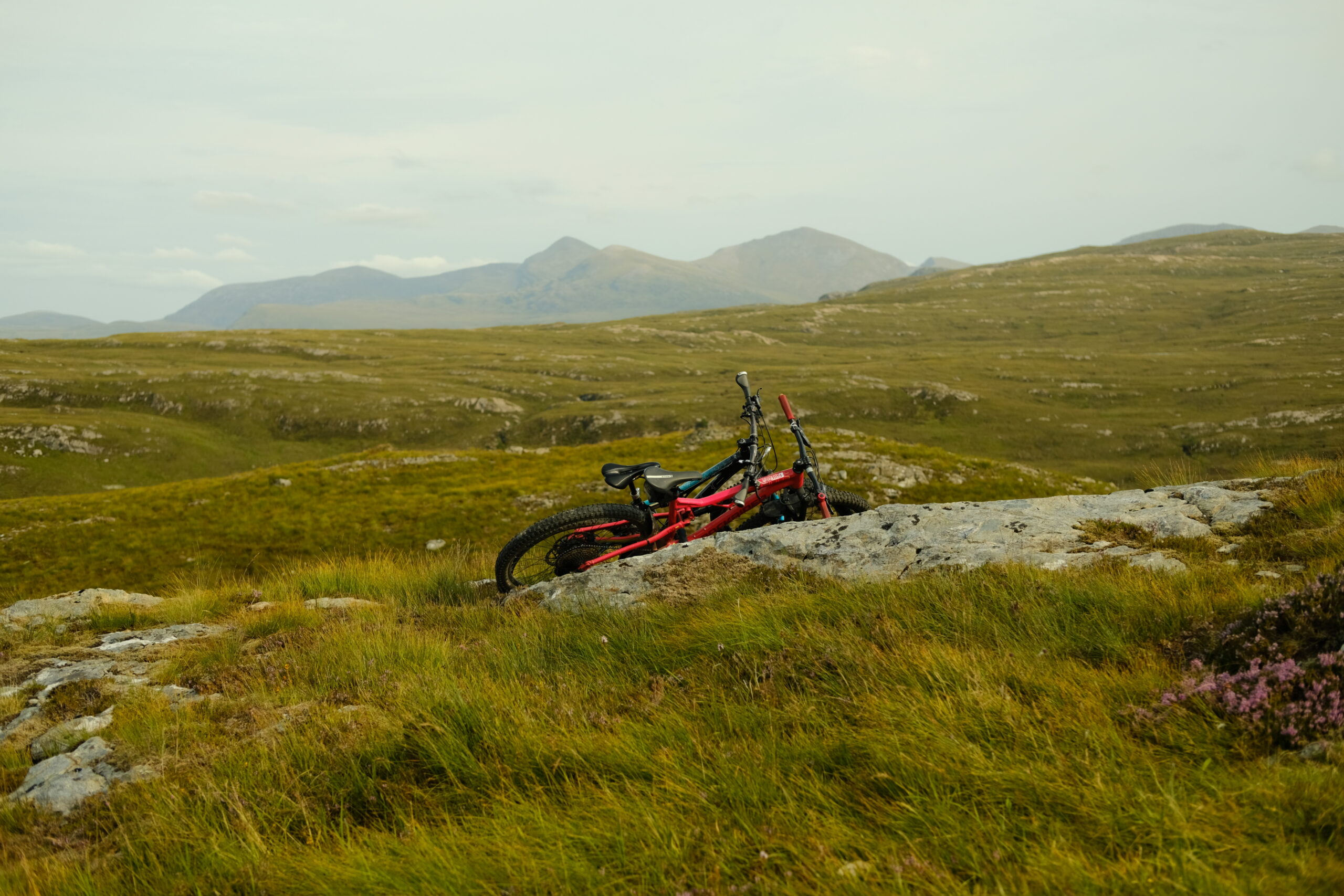 Two mountain bikes in moorland, Fisherfield Forest, Scottish Highlands