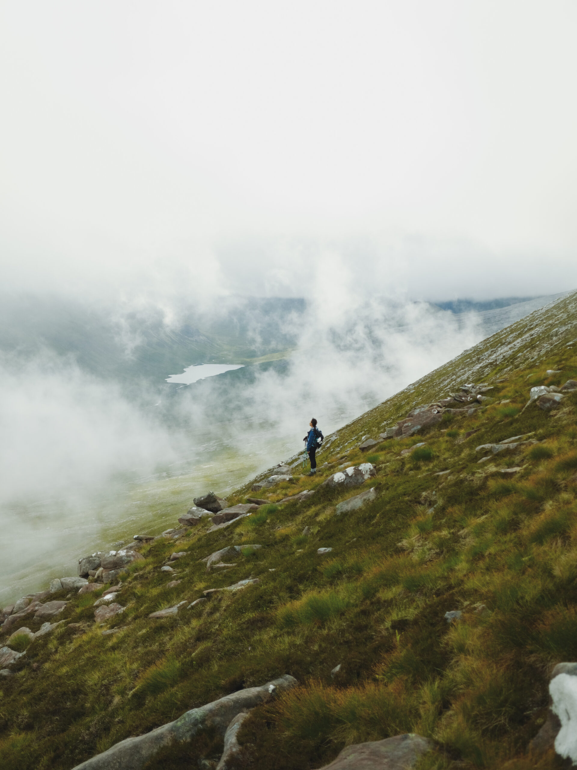 A hiker standing on a slope, Beinn a' Chlaidheimh, Fisherfield Forest, Scottish Highlands